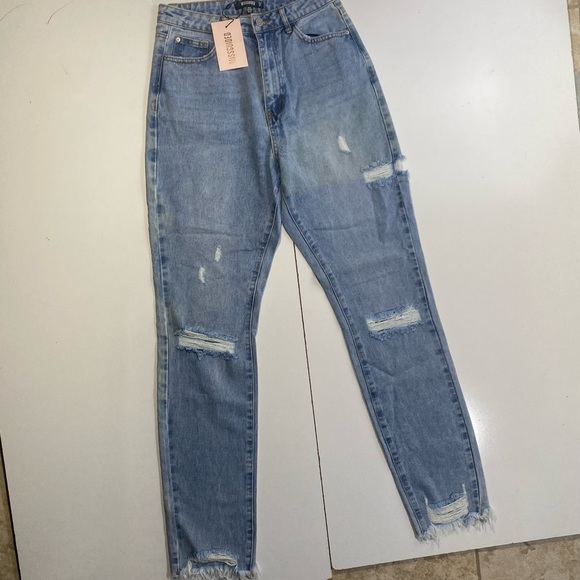 Missguided Light Blue Distressed High Waisted Straight Thigh Slash Jeans NWT 4L - Picture 5 of 16